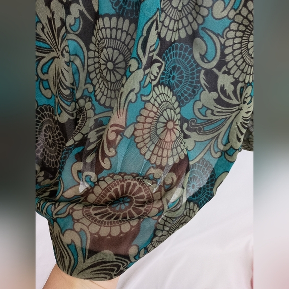 2/$30 Tramp Blue and Brown Asymmetrical Blouse with Notched Collar (#1,072) - Picture 3 of 8